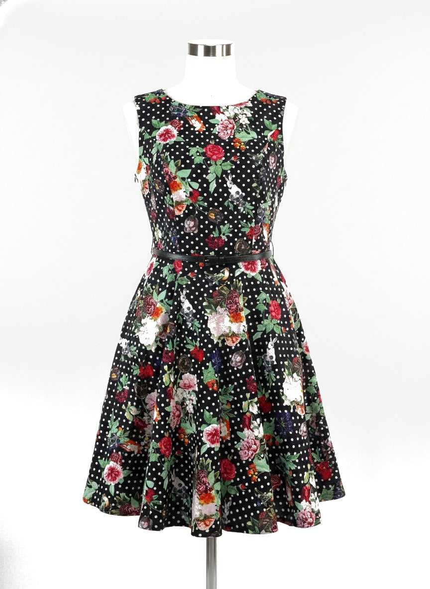 Miss Lulo · Polka Dot Belted Dress · 6 · BlackFloral