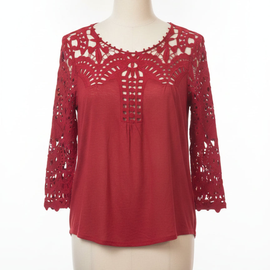 Sundance · Embroidered eyelet lace sleeve and neck top · Medium · Crimson