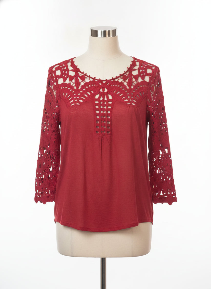 Sundance · Embroidered eyelet lace sleeve and neck top · Medium · Crimson