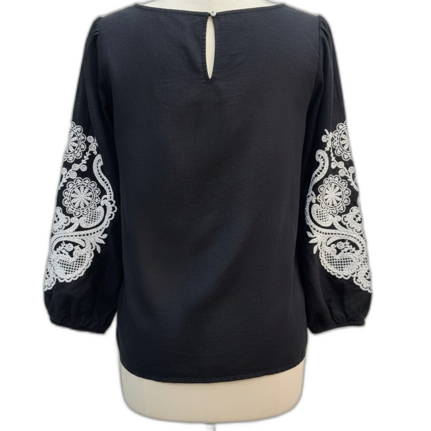 Talbots · 3/4 Sleeve Embroidered Blouse · Large · Black