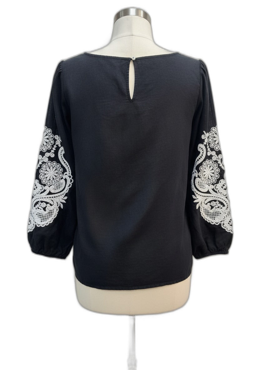 Talbots · 3/4 Sleeve Embroidered Blouse · Large · Black