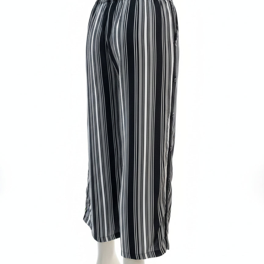 Life Style · FashionPants with Side Button Detail · Medium · Black/Cream Striped