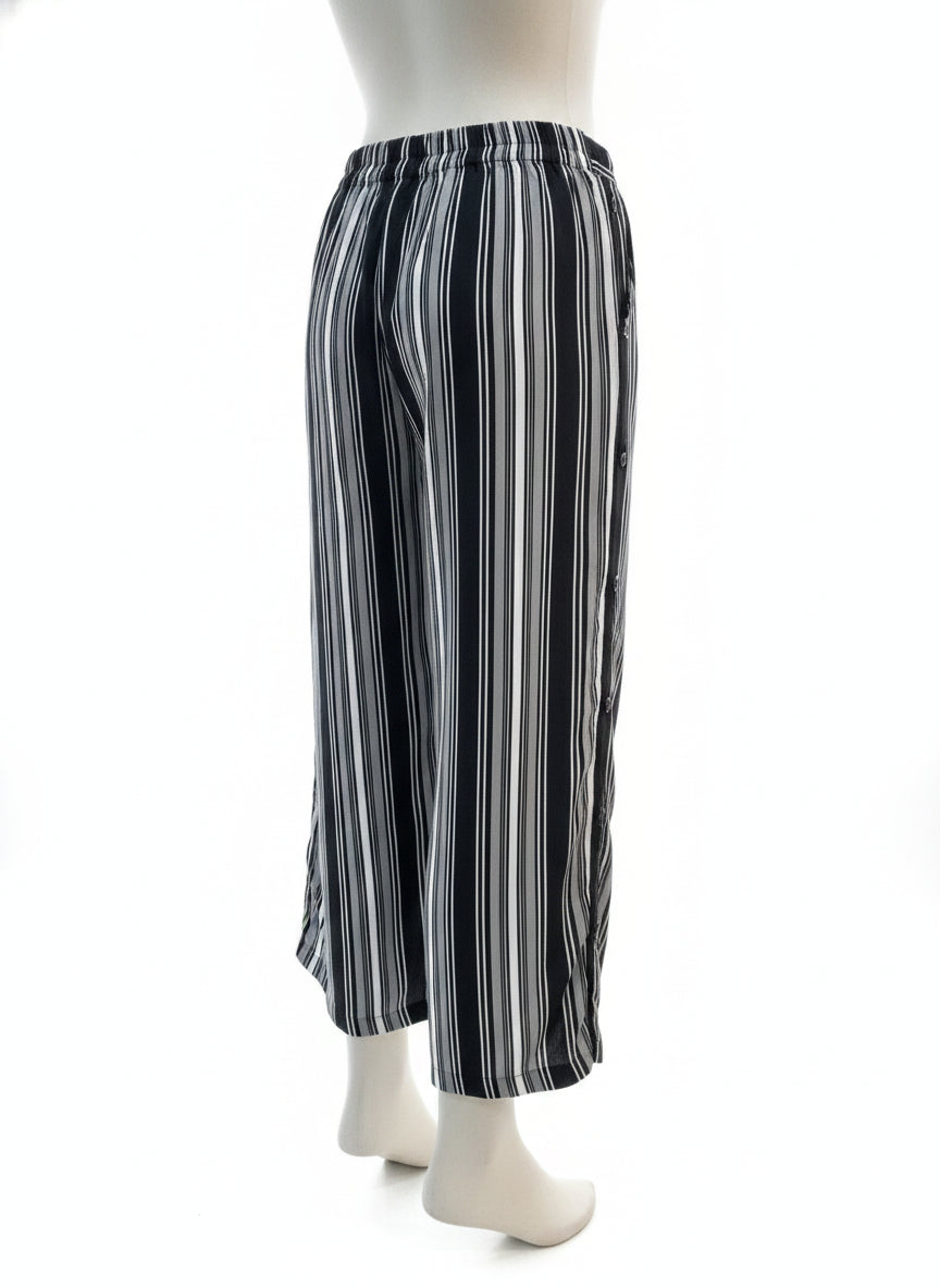Life Style · FashionPants with Side Button Detail · Medium · Black/Cream Striped