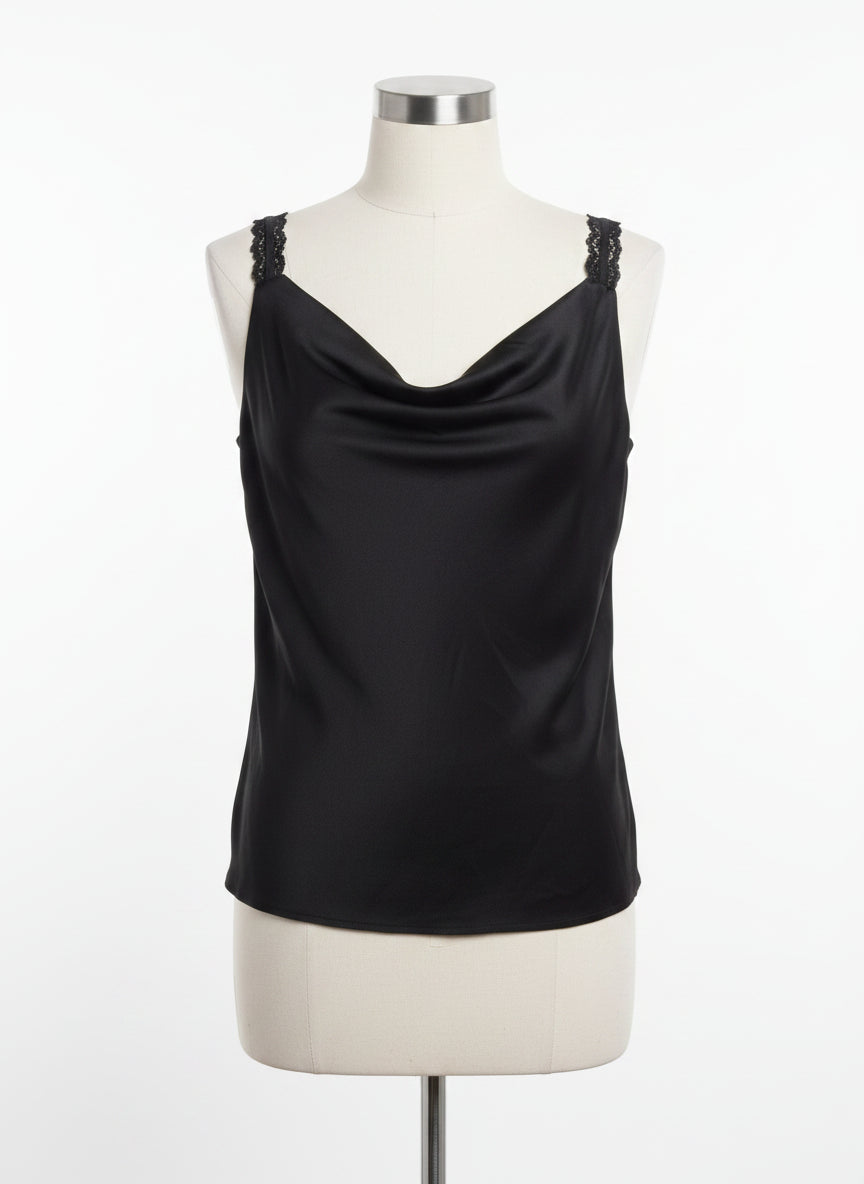 WHBM · Drape Neck Black Lace Trim · Medium · Black