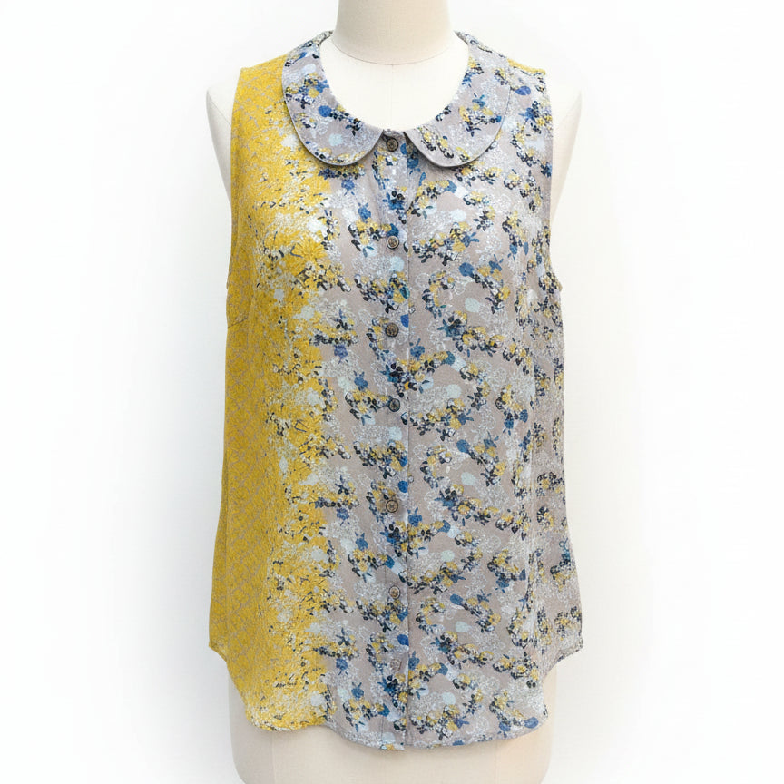CAbi · Offsides Floral Blouse · XLarge · GrayYellow Floral Print