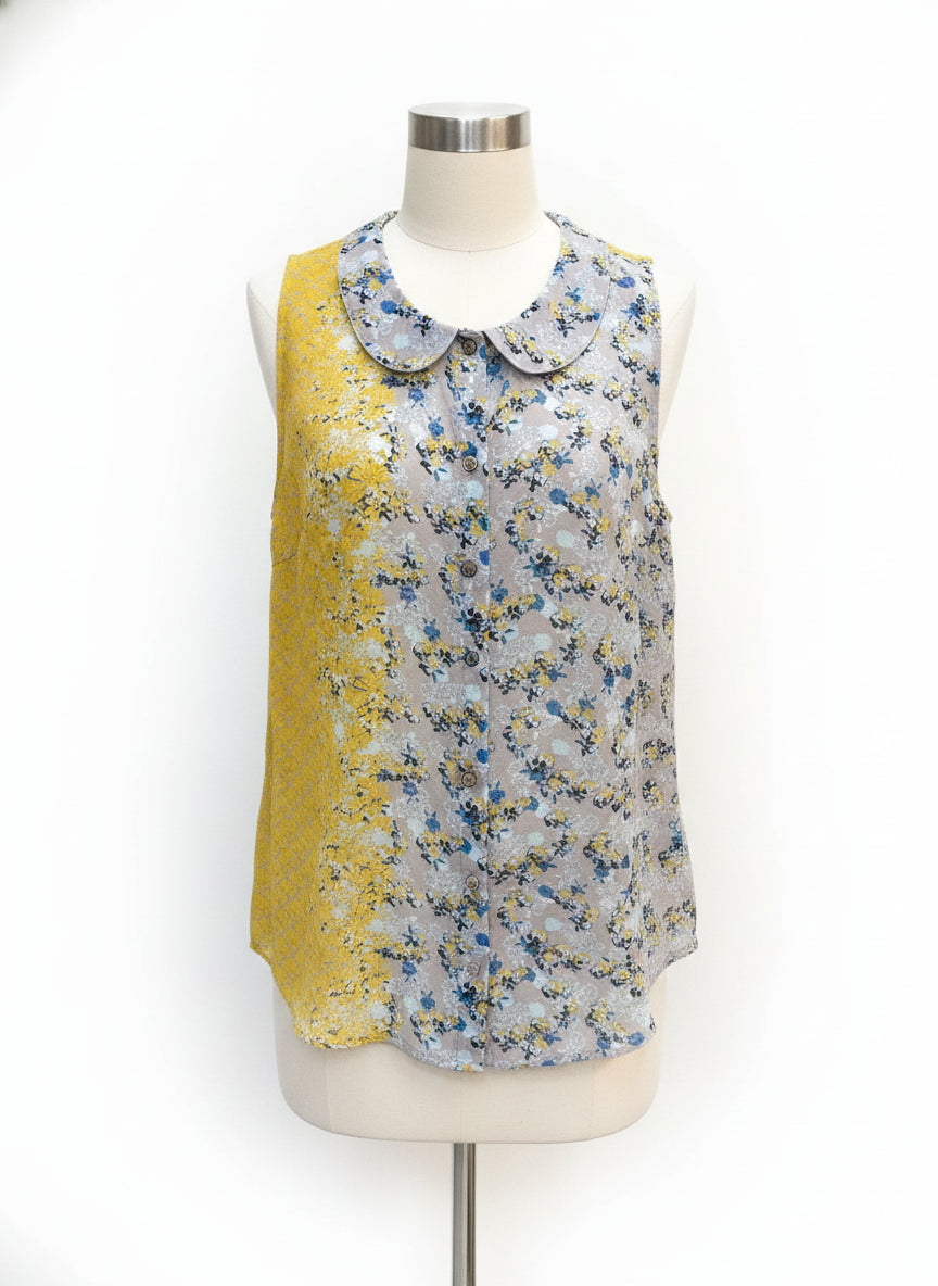 CAbi · Offsides Floral Blouse · XLarge · GrayYellow Floral Print