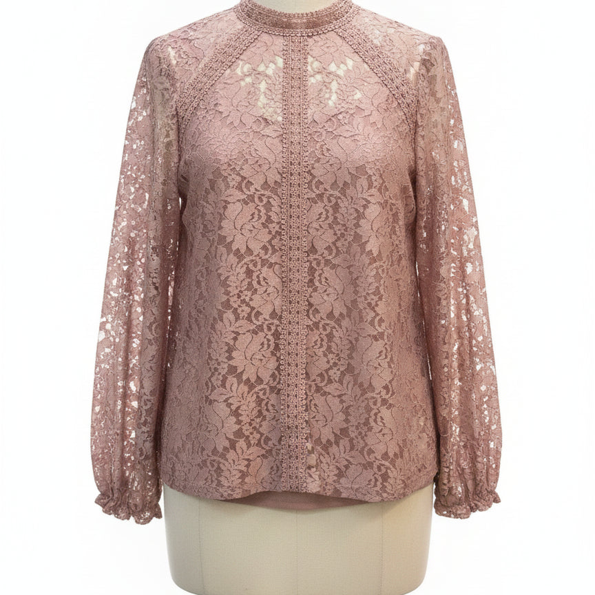 Cable&Gauge · LongSleeve Top with Lace Trim · Large · Blush