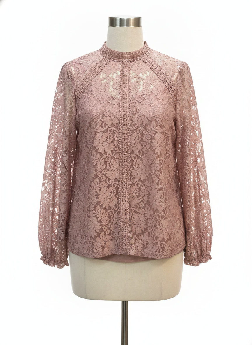 Cable&Gauge · LongSleeve Top with Lace Trim · Large · Blush