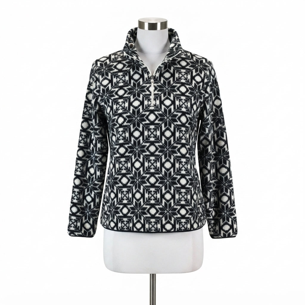LandsEnd · Fleece Quarter Zip w/ Nordic Snowflake · Large · BlackWhite