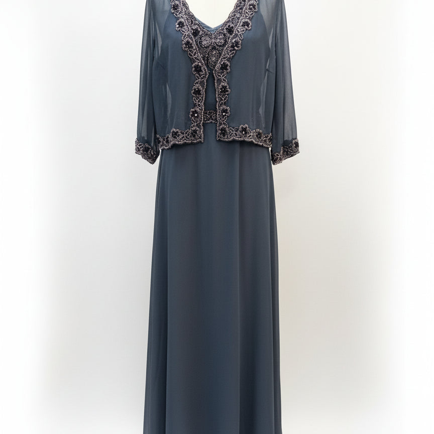 JKARA · Sleeveless Dress With Topper · 14 · Gray Beaded
