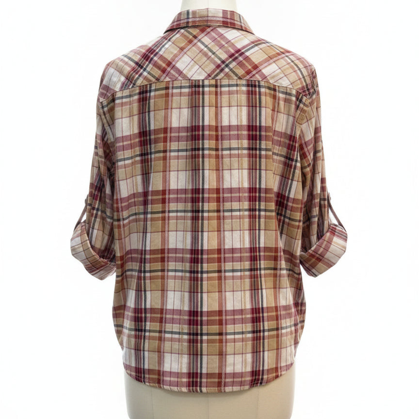 Alfred Dunner · Roll Tab Shirt · Large · BeigeMulti Plaid