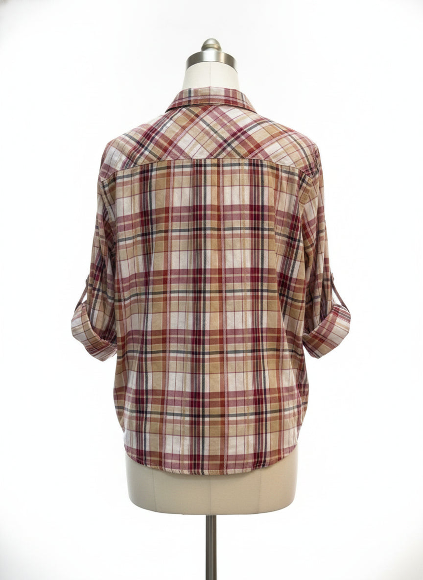 Alfred Dunner · Roll Tab Shirt · Large · BeigeMulti Plaid