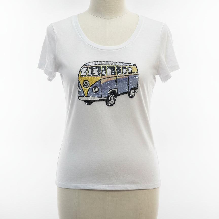 Anthropologie · Peony Sequin VW Van T-Shirt · Large · WhitePnk