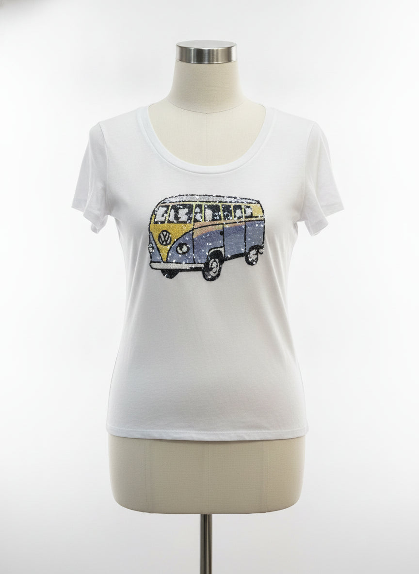 Anthropologie · Peony Sequin VW Van T-Shirt · Large · WhitePnk