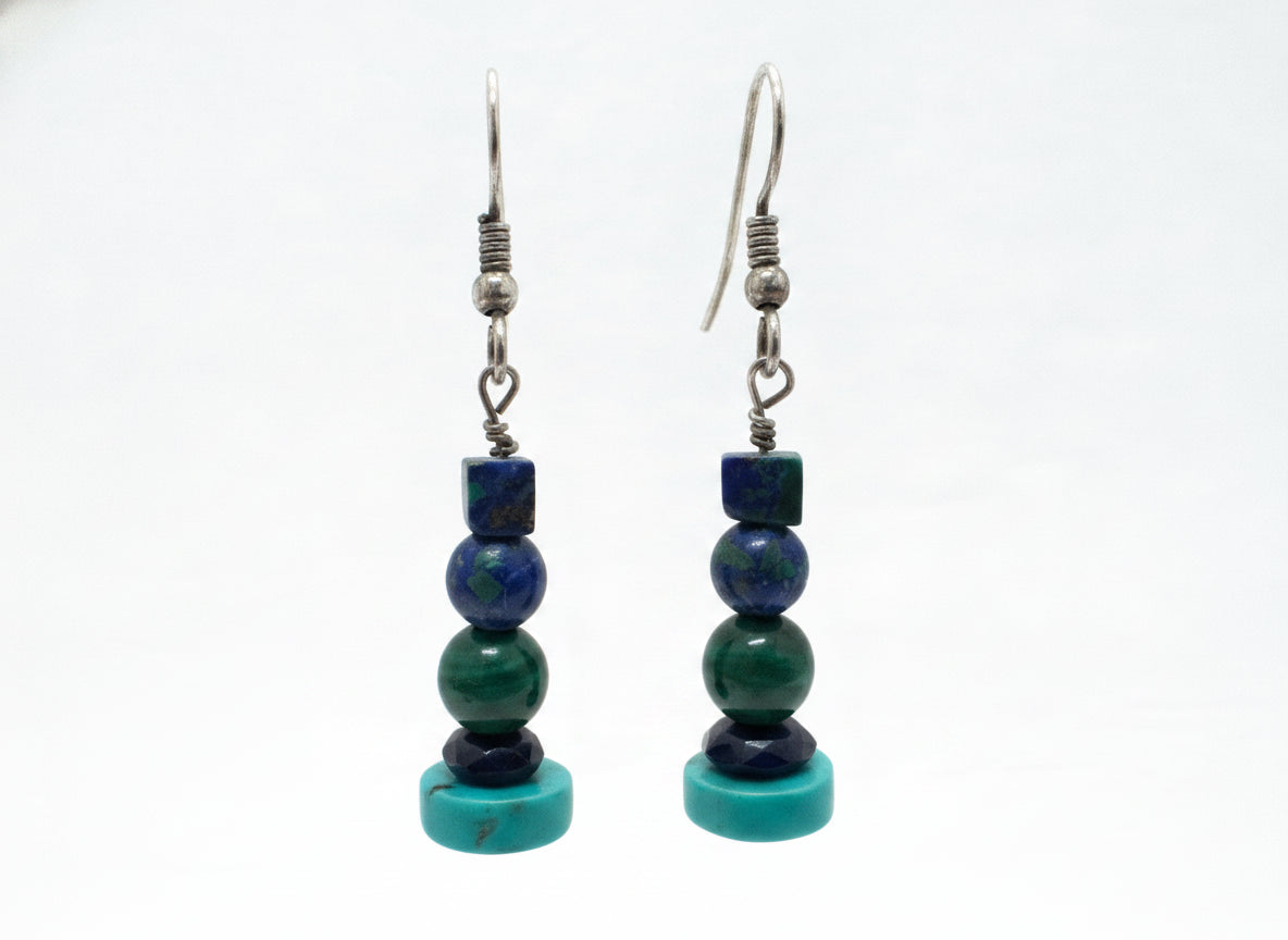 .925 Lapis, Malachite, and Turquoise Earrings · Jewelry · wire · Blue, Green, Teal