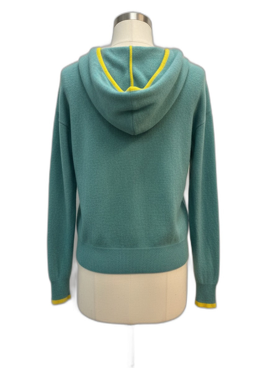 Charter Club · Cashmere Hoodie w/ Yellow Trim · Medium · SeaGreen