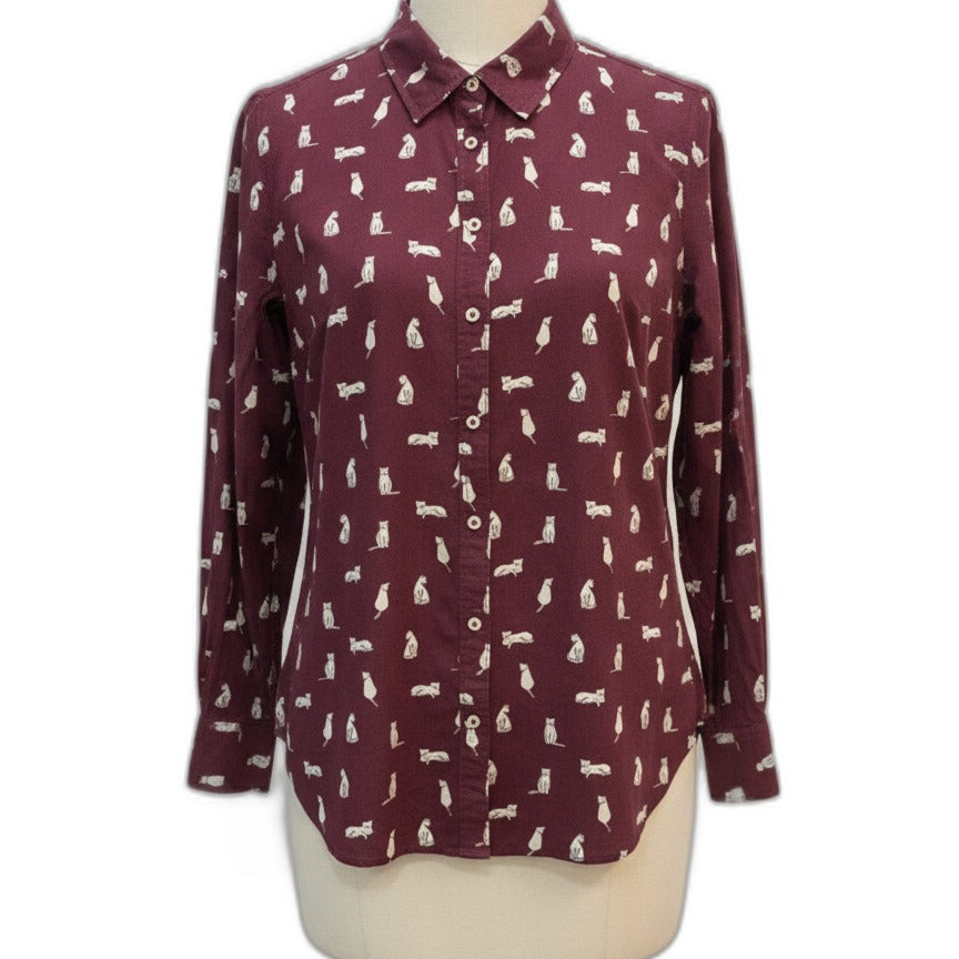 Talbots · Kitty Cat Print Longsleeve Shirt · Large · Burgundy