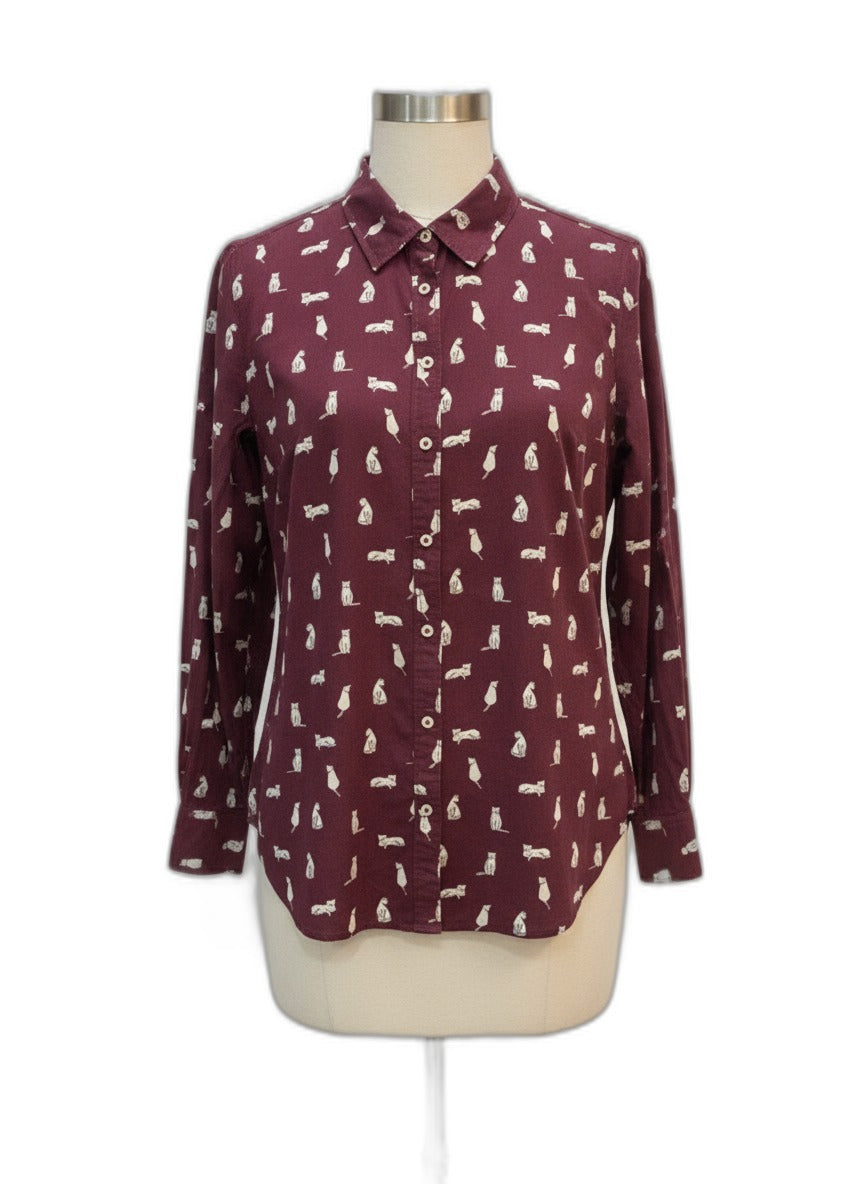 Talbots · Kitty Cat Print Longsleeve Shirt · Large · Burgundy