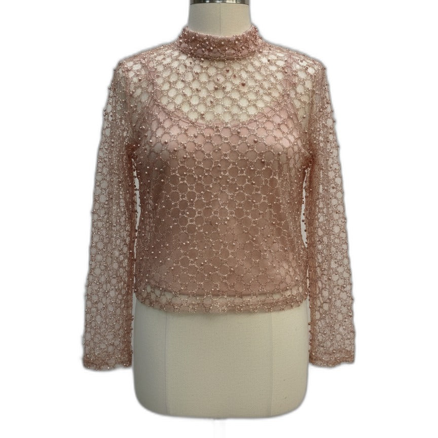 Anthropologie · Longsleeve Cropped Sheer Top w/ Pearls · Medium · PinkGold Sparkly
