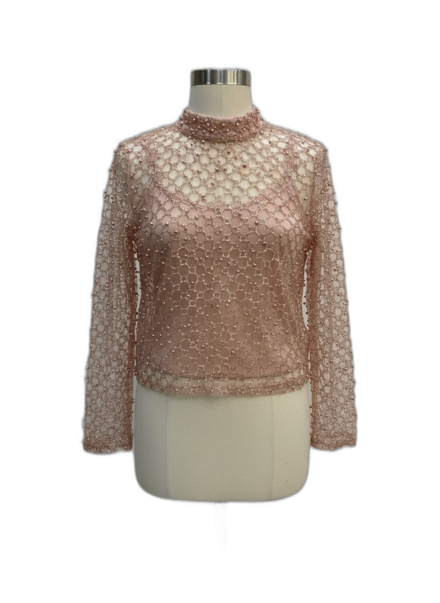 Anthropologie · Longsleeve Cropped Sheer Top w/ Pearls · Medium · PinkGold Sparkly