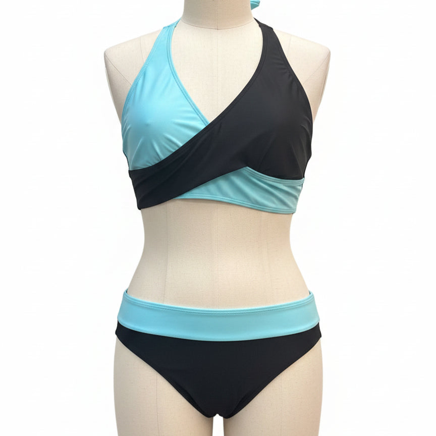 FashionSwim · Wrap Style Halter Top and Bottoms Set · XLarge · BlackAqua