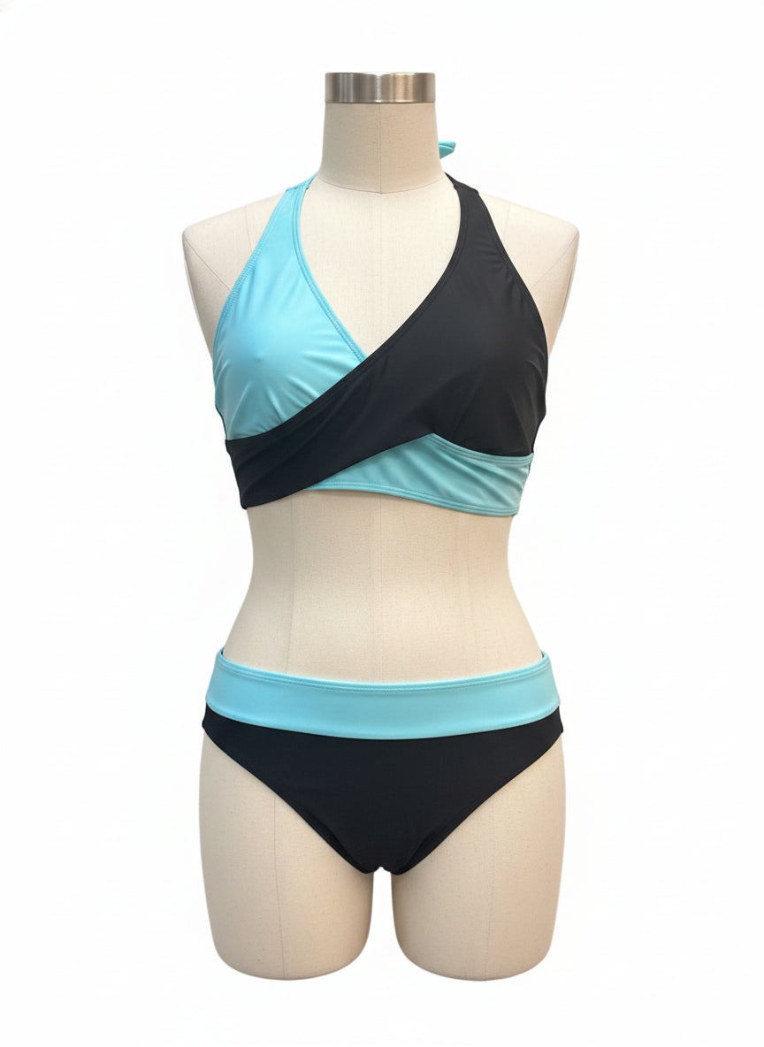 FashionSwim · Wrap Style Halter Top and Bottoms Set · XLarge · BlackAqua