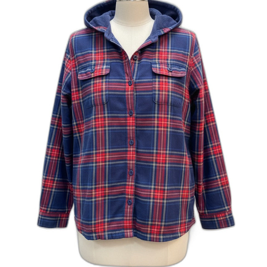 L.L.Bean · Fleece Lined Hooded Plaid Shacket · L · Navy/Red