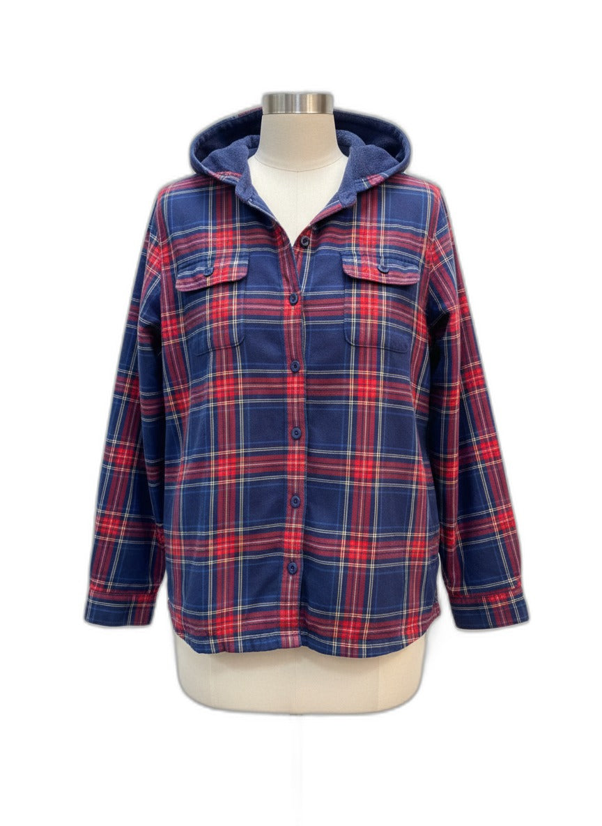 L.L.Bean · Fleece Lined Hooded Plaid Shacket · L · Navy/Red