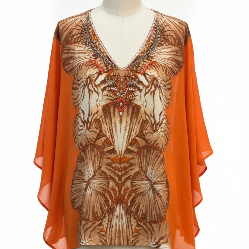 Chico's · Poncho Style, Beaded w/ seashell print · Large · OrangeBrown