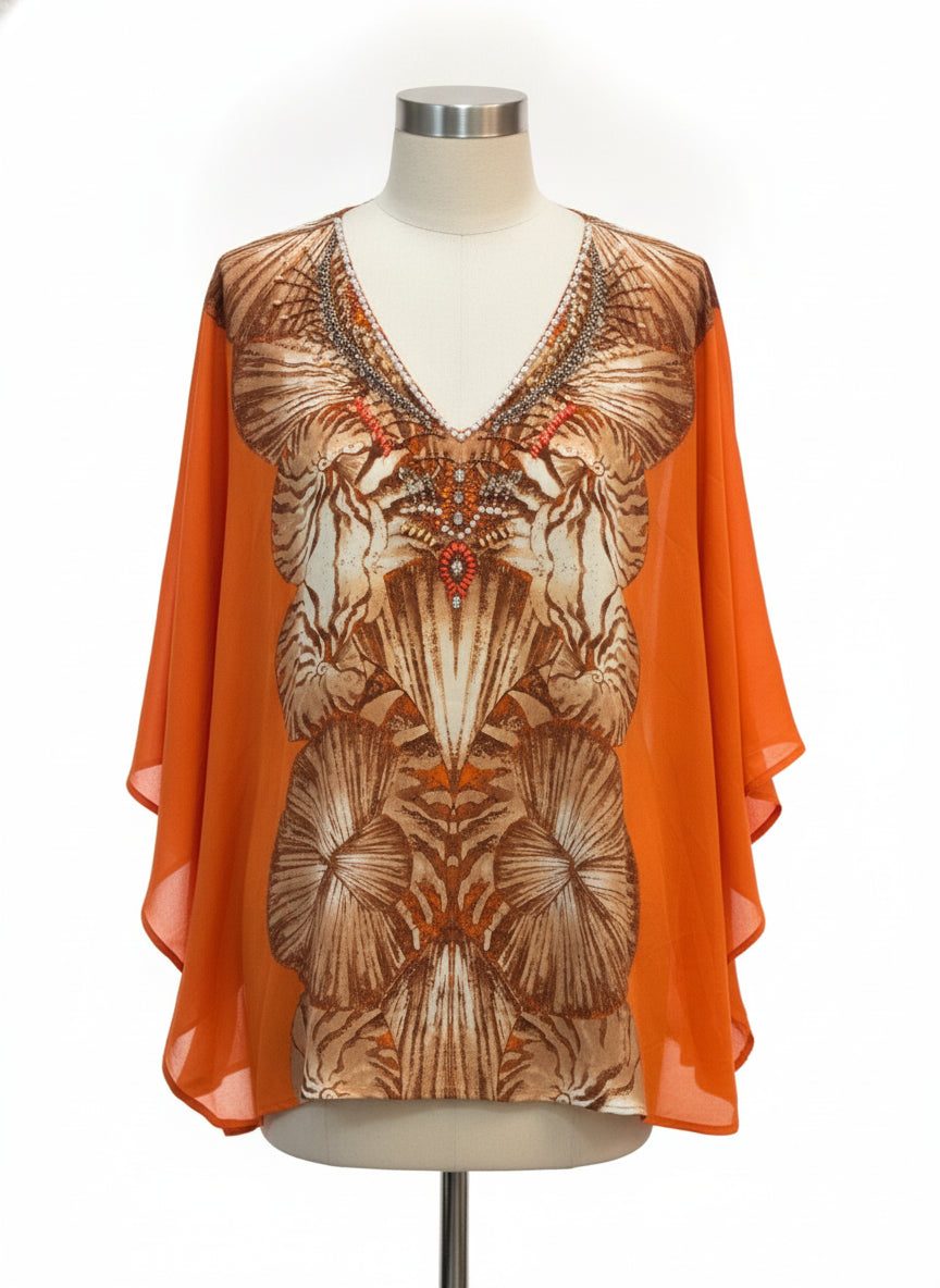 Chico's · Poncho Style, Beaded w/ seashell print · Large · OrangeBrown