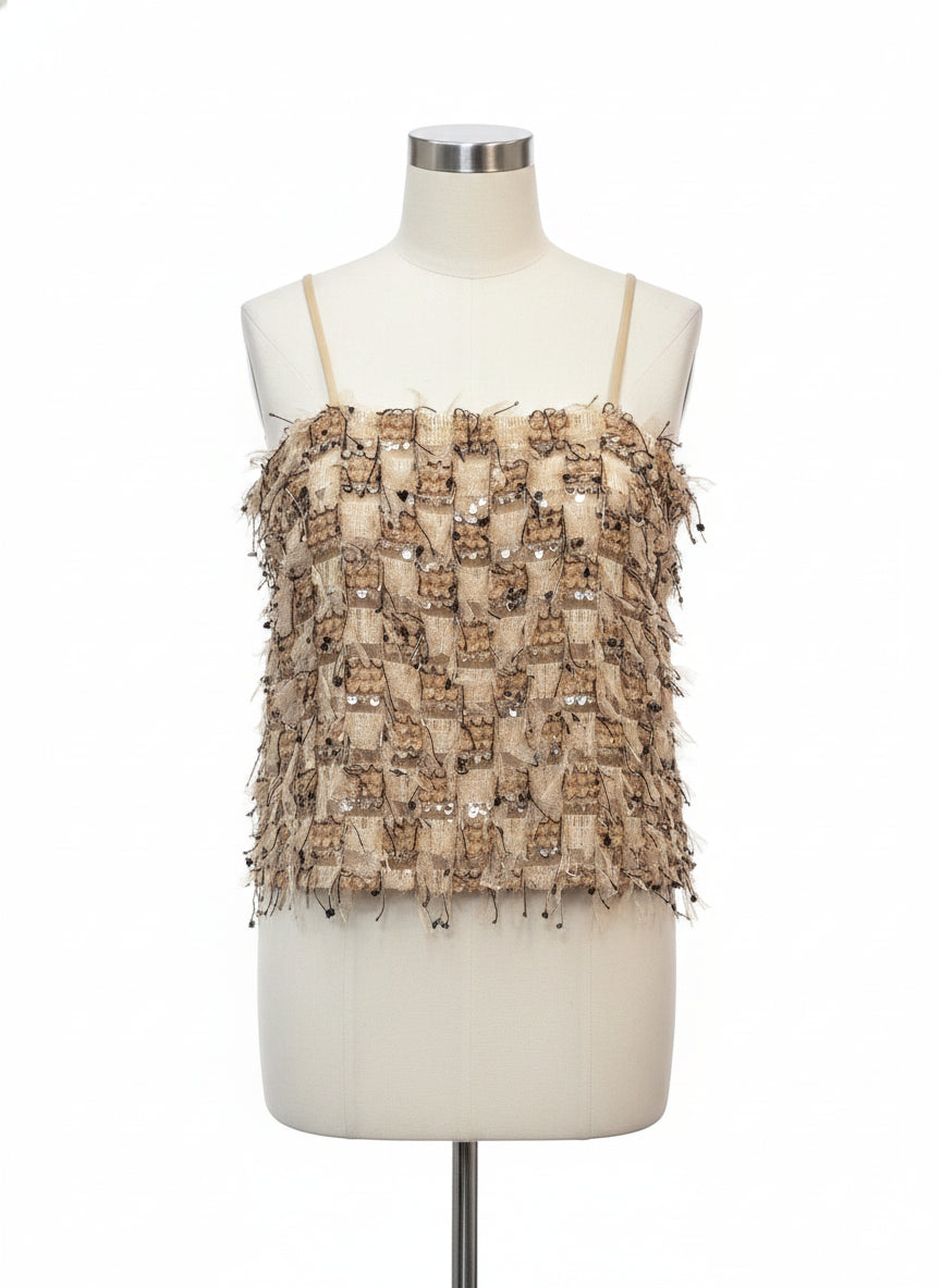 Anthropologie · Blue Tassel Lace Mesh Threading Design · S/M · Beige Black