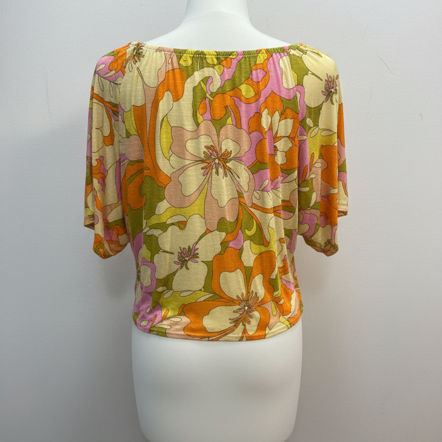 Kim&Cami · Boho Top Floral Design w/Tie Front · Large · YellowOrg+