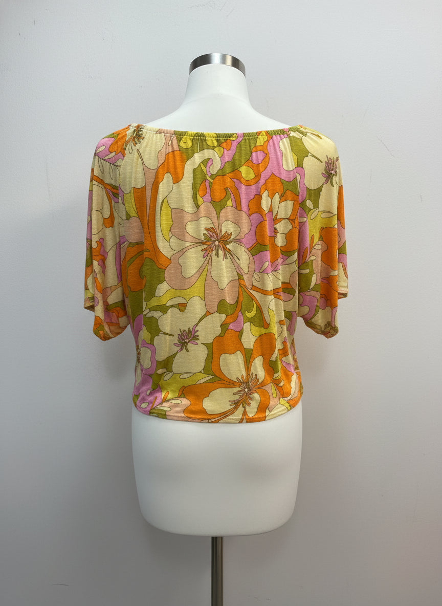 Kim&Cami · Boho Top Floral Design w/Tie Front · Large · YellowOrg+