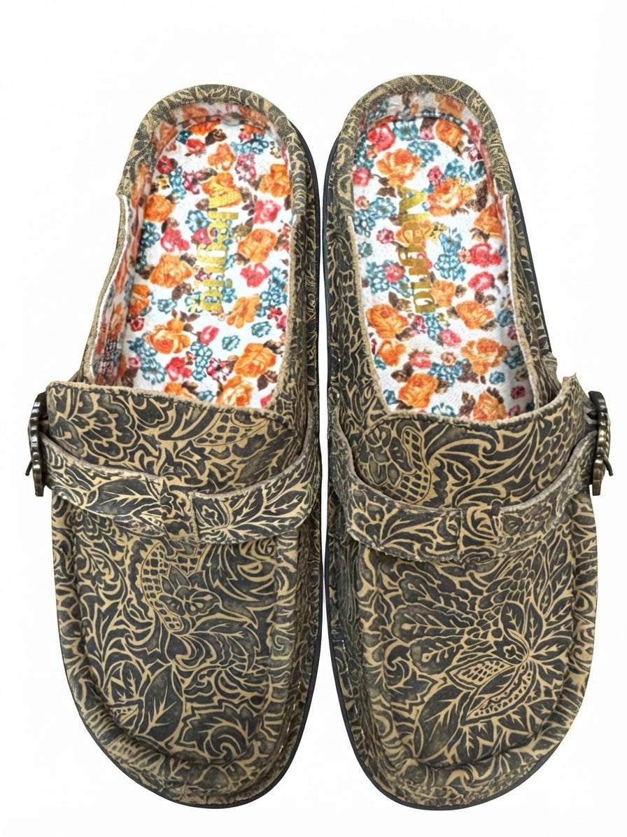 Alegria · Mules · 7.5 · Brown/Tan Floral