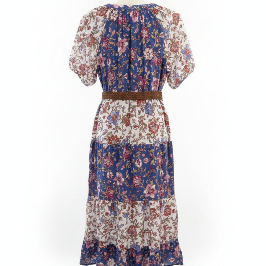 Harlow & Rose · Balloon Sleeve Floral Print Dress with Belt · Medium · WhiteFloral