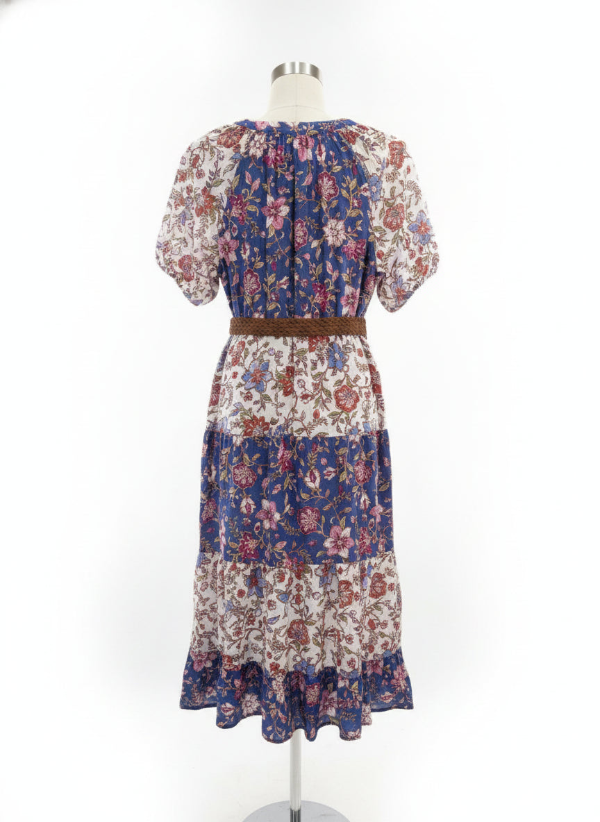 Harlow & Rose · Balloon Sleeve Floral Print Dress with Belt · Medium · WhiteFloral
