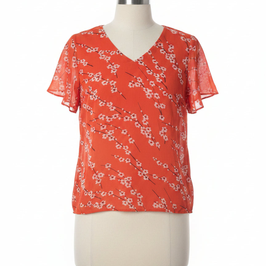 CABI · Cherry Blossom Split Sleeve Top #5772 · Small · Poppy/White