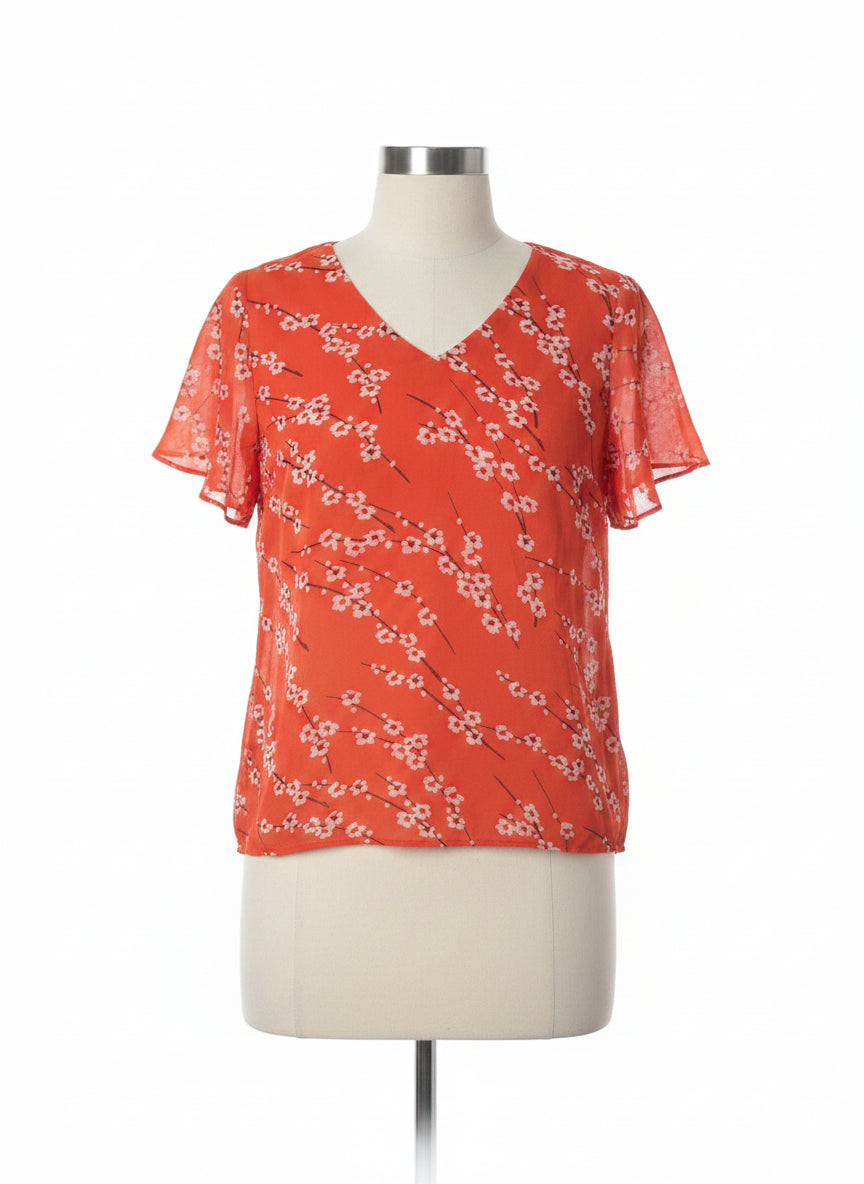 CABI · Cherry Blossom Split Sleeve Top #5772 · Small · Poppy/White