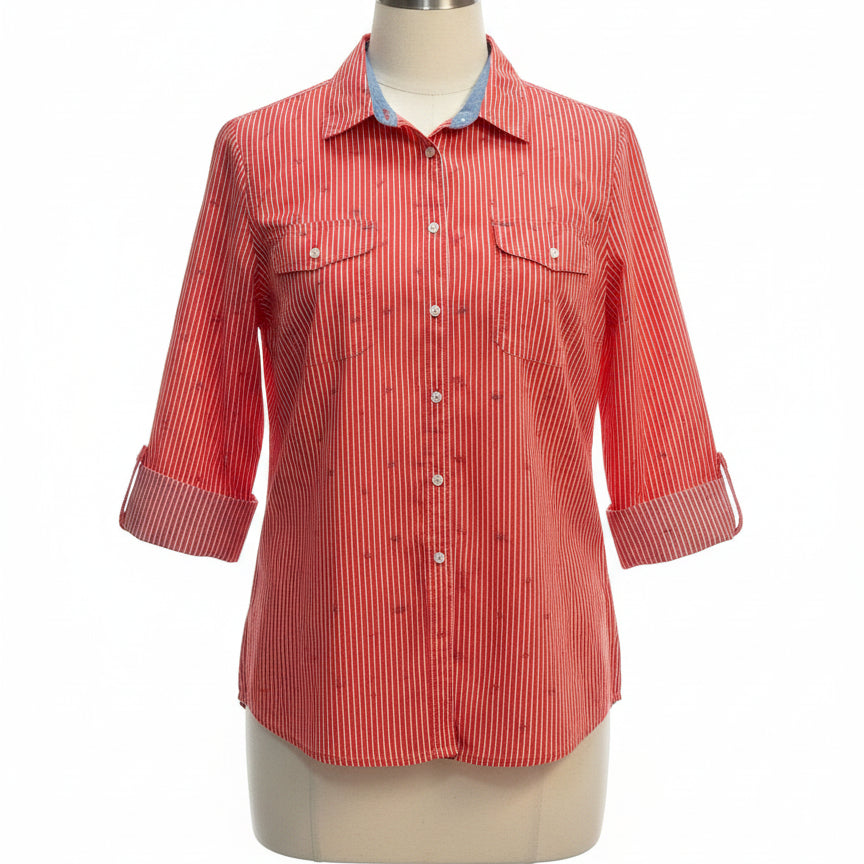 St. Johns Bay · Roll Tab Shirt · 1X P · Poppy/White