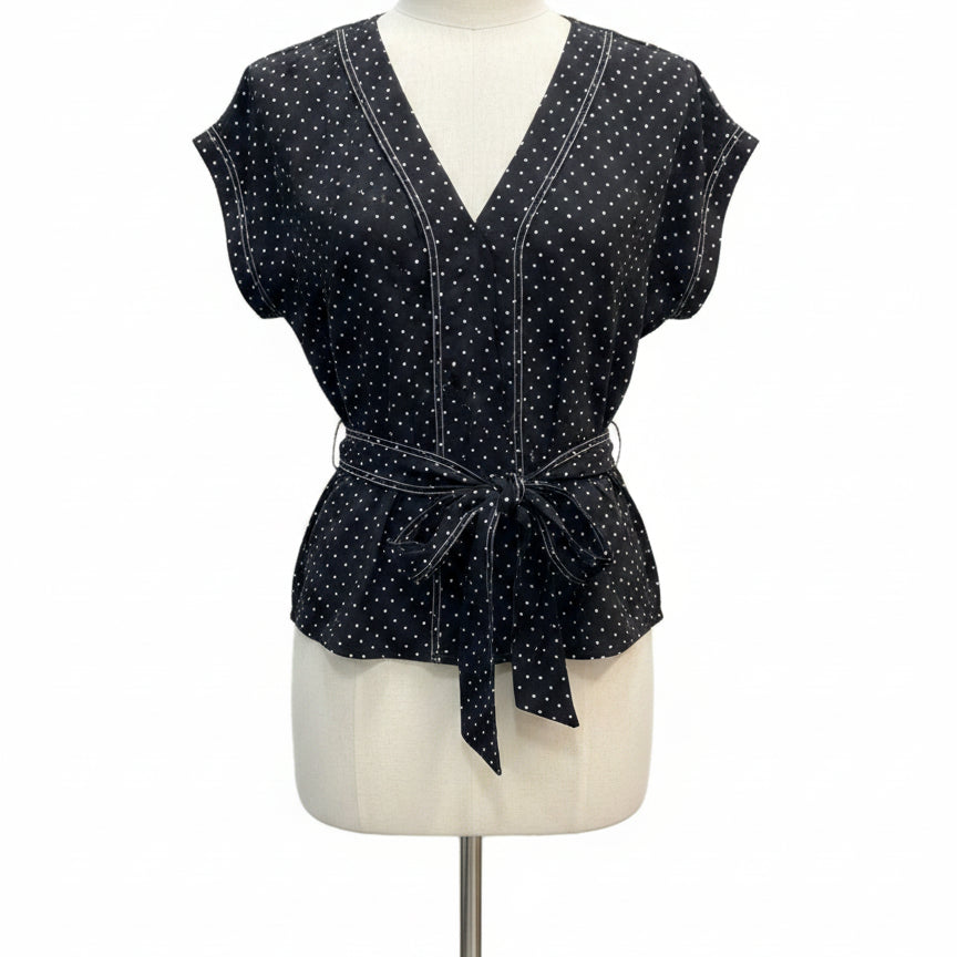 1. State · Cap Sleeve Top with Tie Belt · 2X · Black/White Polka Dot