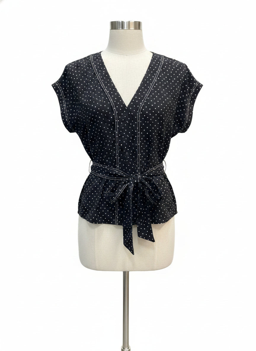 1. State · Cap Sleeve Top with Tie Belt · 2X · Black/White Polka Dot