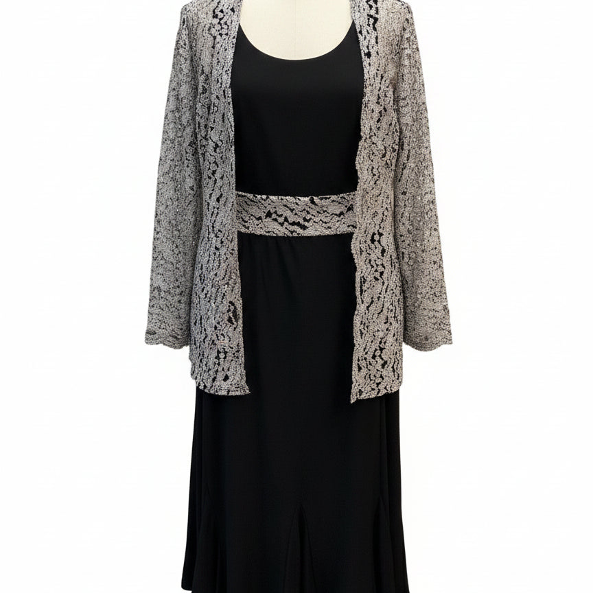 R&M Richards · SL dress with hologram shimmer cardigan · 16 · Black