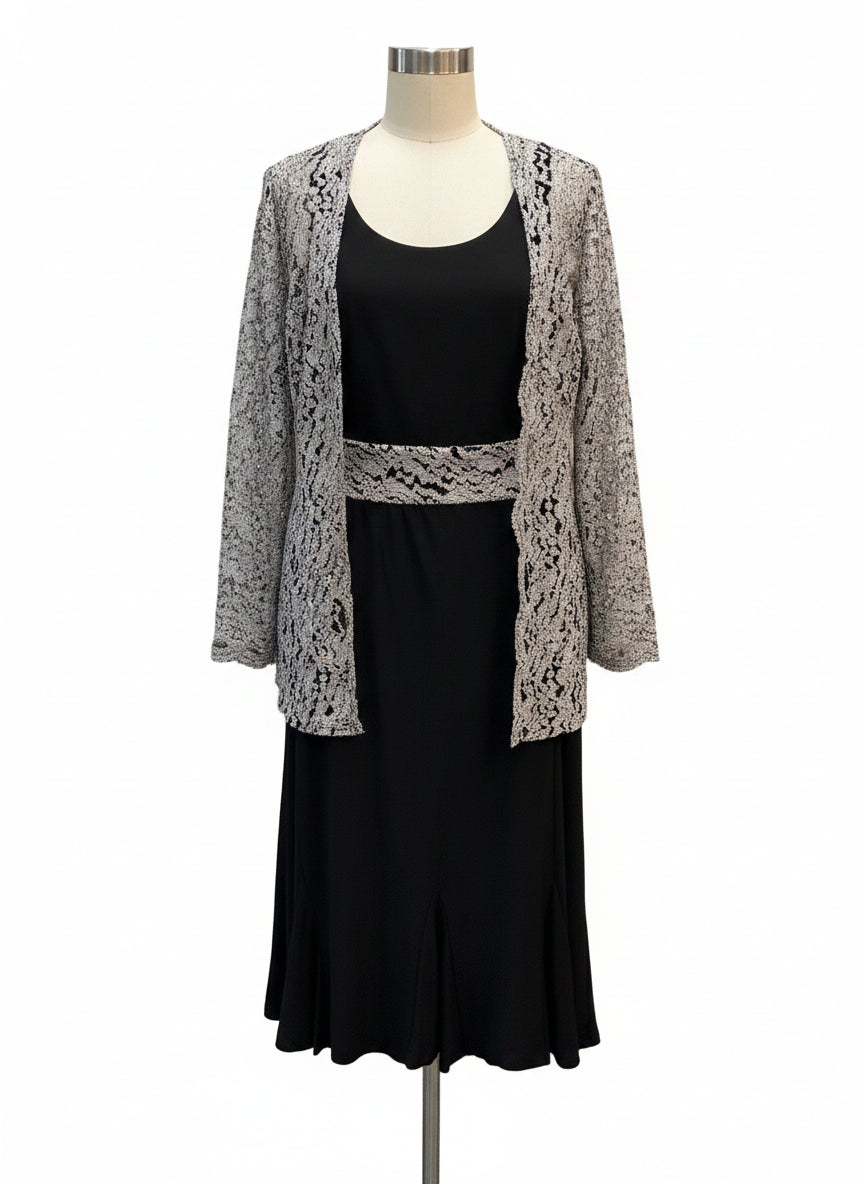 R&M Richards · SL dress with hologram shimmer cardigan · 16 · Black