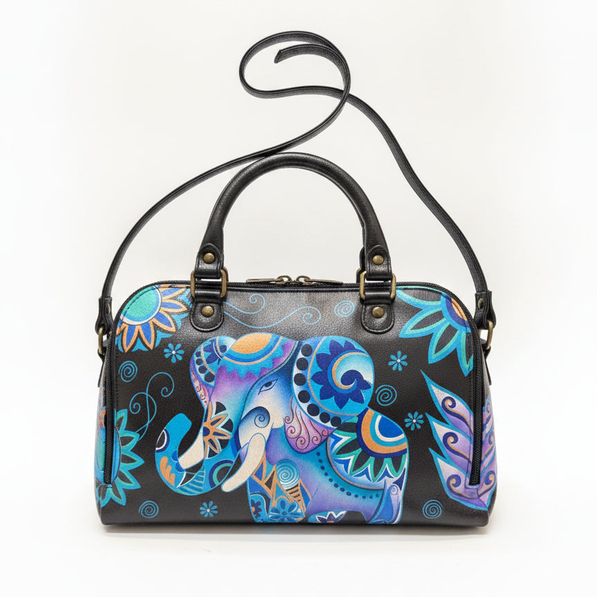 Anuschka · Elephant Handpainted Handbag · Convertible · BlackBlue Leather