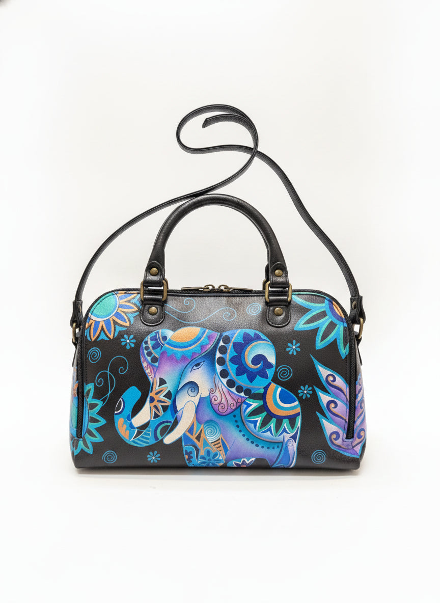 Anuschka · Elephant Handpainted Handbag · Convertible · BlackBlue Leather