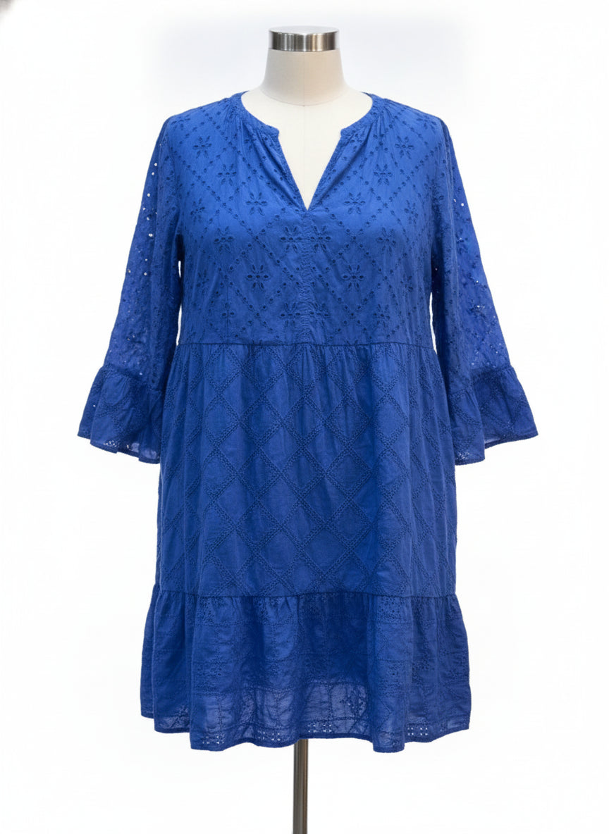 J. Jill · Bell Sleeve Dress Sapphire Eyelet · 2X · Sapphire