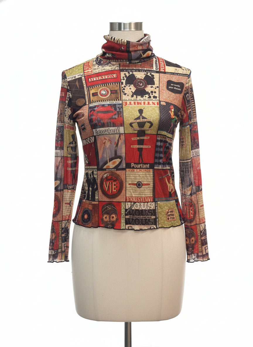 Aventures des Toiles · RedMulti Mesh Turtleneck Top · S/M · Red Multi