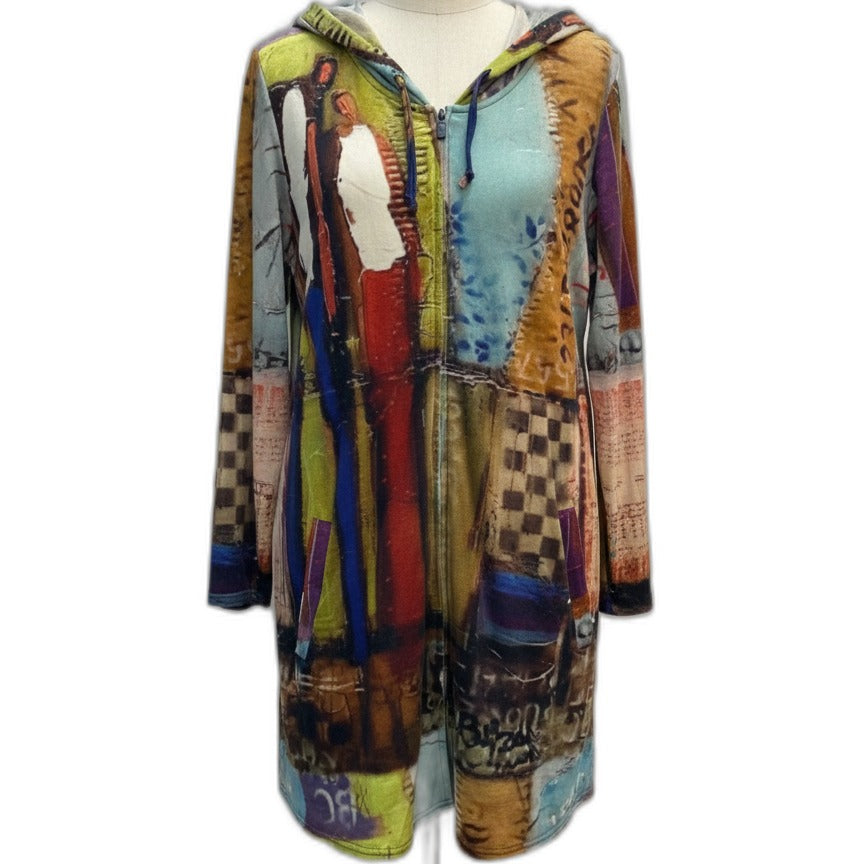 UBU · Hooded Zip Tunic Hoodie Abstract Art Print · XLarge · Lime Multi