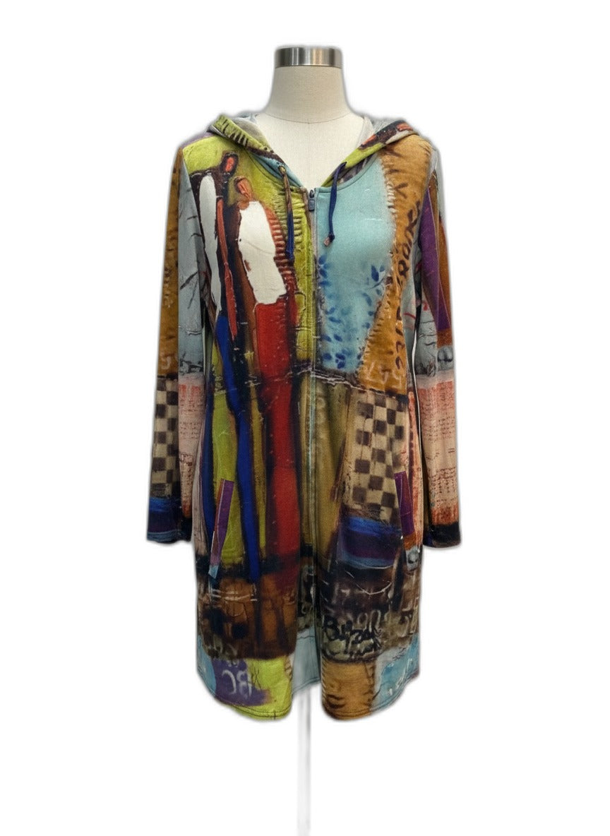 UBU · Hooded Zip Tunic Hoodie Abstract Art Print · XLarge · Lime Multi