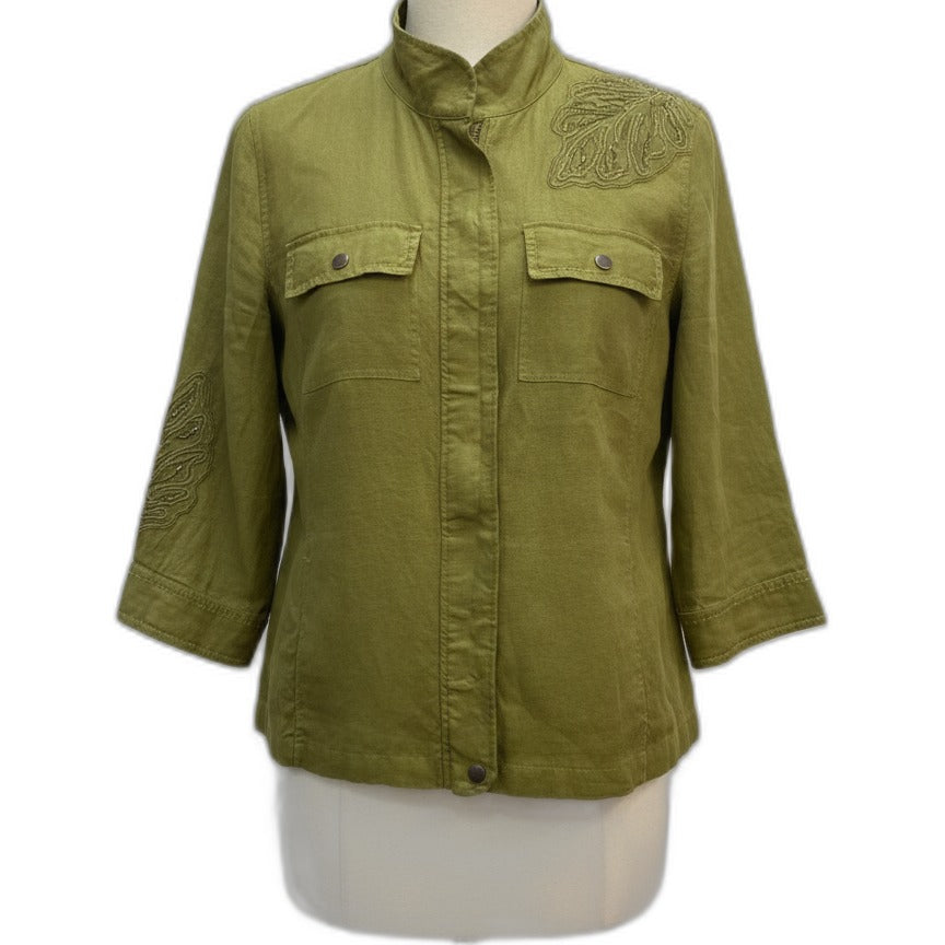 Chico's · Zip Up Jacket Beaded Olive Leaf Print · Large · Olive Leaf